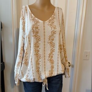 Fred David White and Tan Striped Floral Blouse